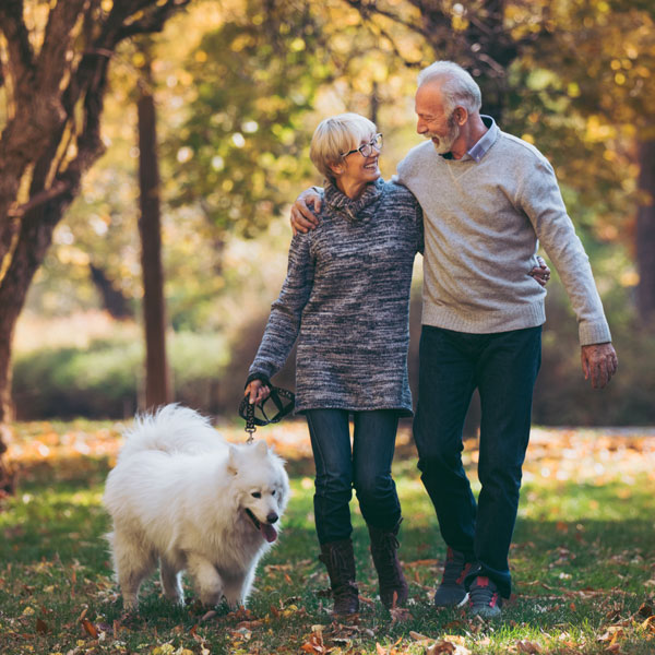 couple walking dog